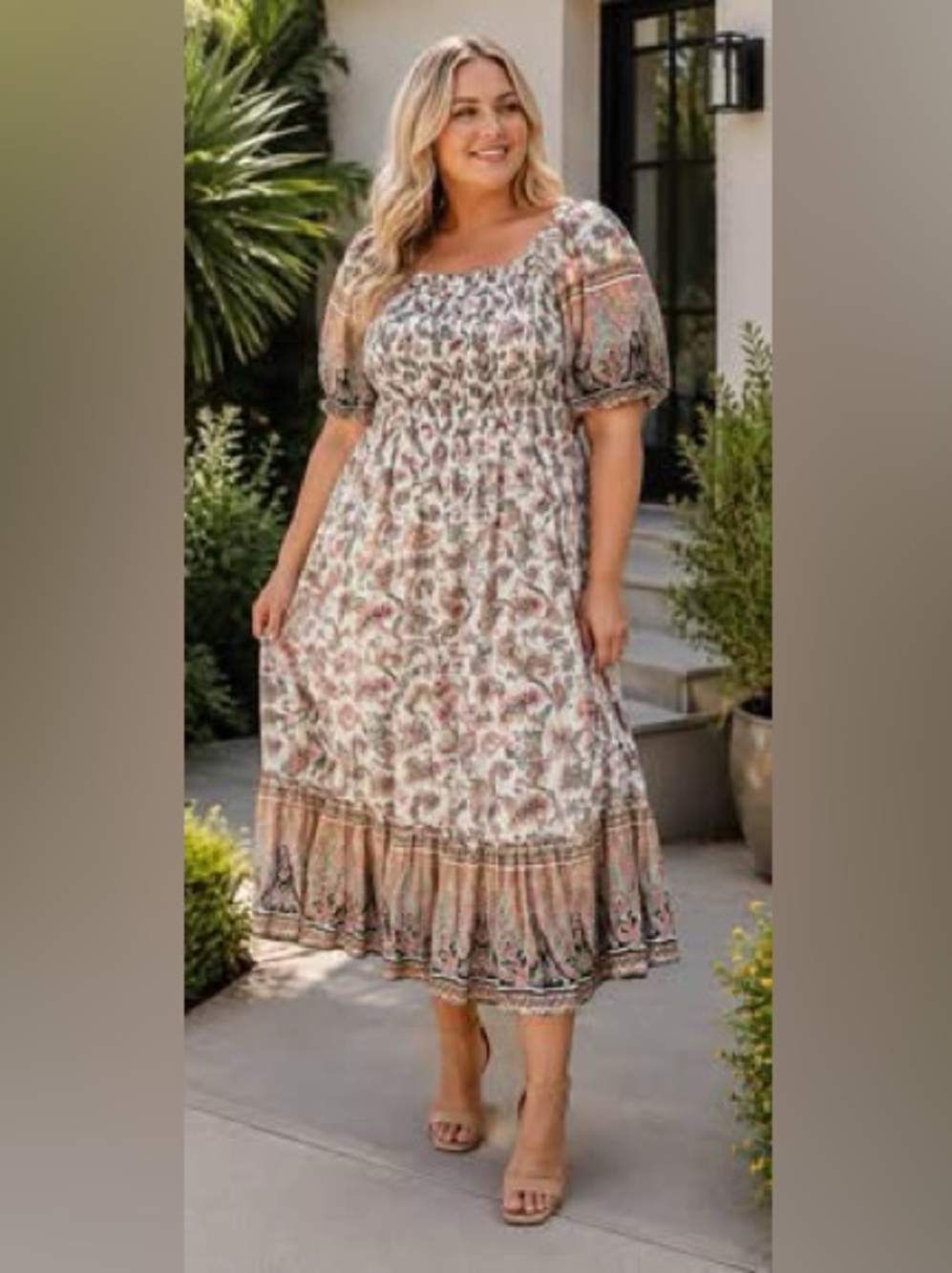XL Hayden Smocked Midi Dress in Cream with Rust Paisley